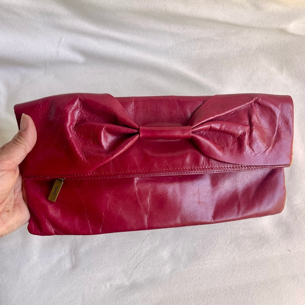 HOBO International Leather Bow Clutch Purse in Pink Red Fuchsia